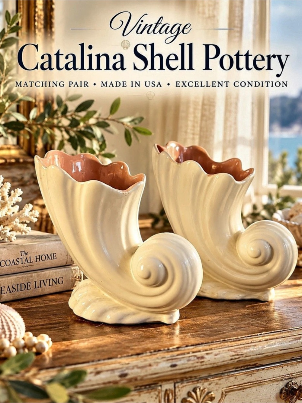 Catalina Shell Pottery Matching Shell Vase Pair Shell Vase Pair in Cream Like